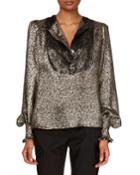 Blouson-sleeve Metallic-silk Blouse W/