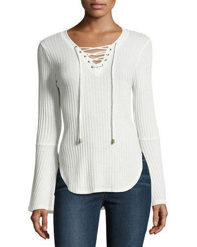 Lace-up Ribbed Top, Off White