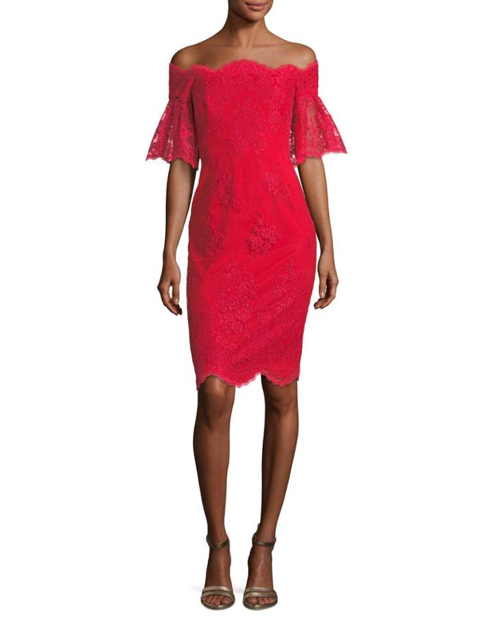 Lace Off-the-shoulder Flutter-sleeve Cocktail Dress
