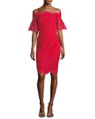Lace Off-the-shoulder Flutter-sleeve Cocktail Dress