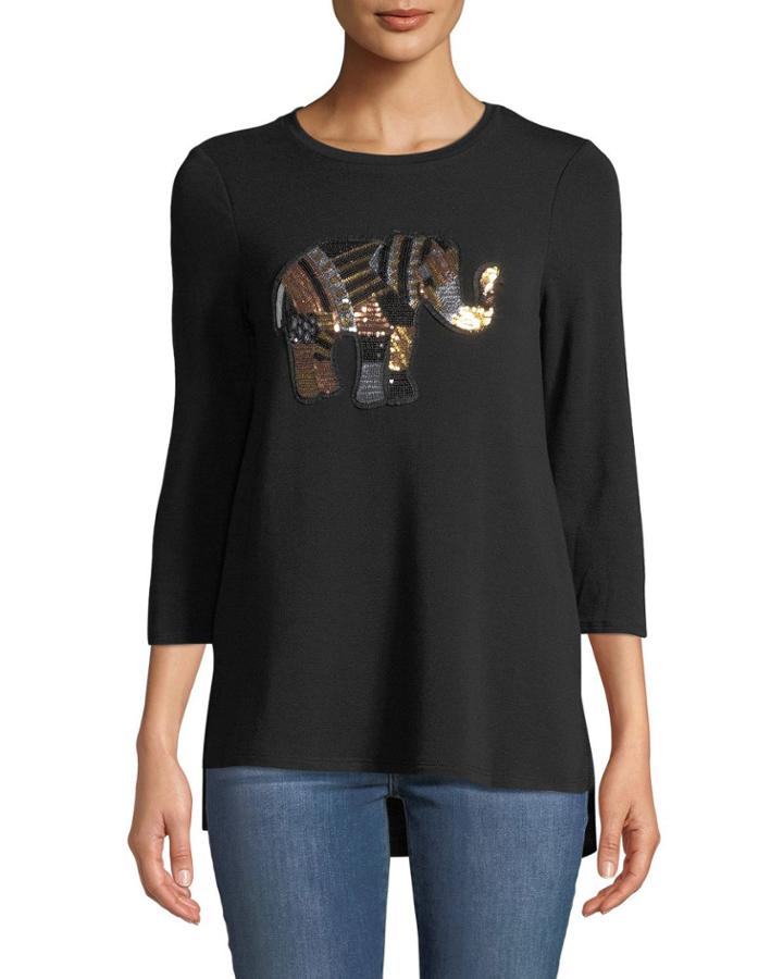 3/4-sleeve Elephant-sequined Tee