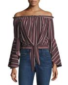Off-the-shoulder Pinstriped Bell-sleeve Blouse