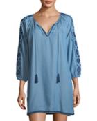 Embroidered Split-neck Chambray Tunic