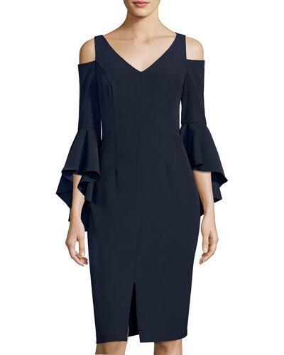 Cold-shoulder Ruffle-sleeve Sheath Dress, Dark Blue