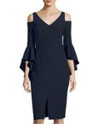 Cold-shoulder Ruffle-sleeve Sheath Dress, Dark Blue