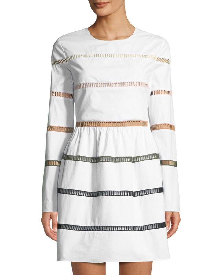 Long-sleeve Variegated-stripe Poplin Dress