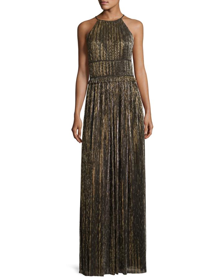 Metallic Pliss&eacute; Halter Gown, Black/gold