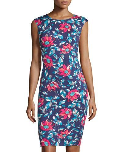 Cap-sleeve Floral-print Knit Dress