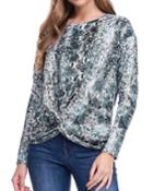 Printed Long-sleeve Knot-front Top