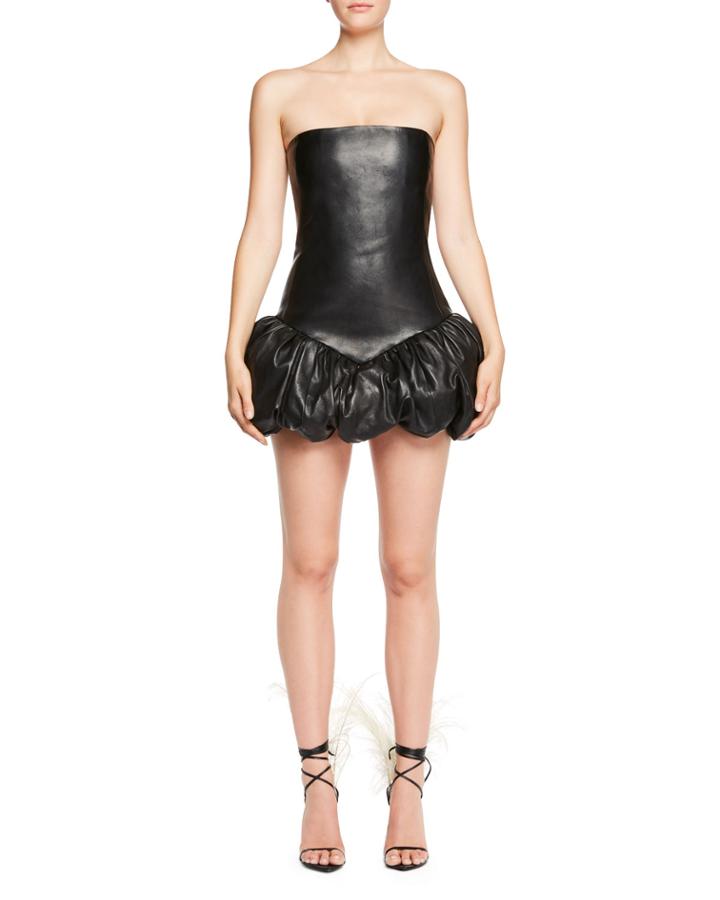 Strapless Body-con Leather Dress With Bubble Hem