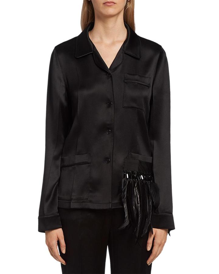 Feather-embellished Satin Pajama Top