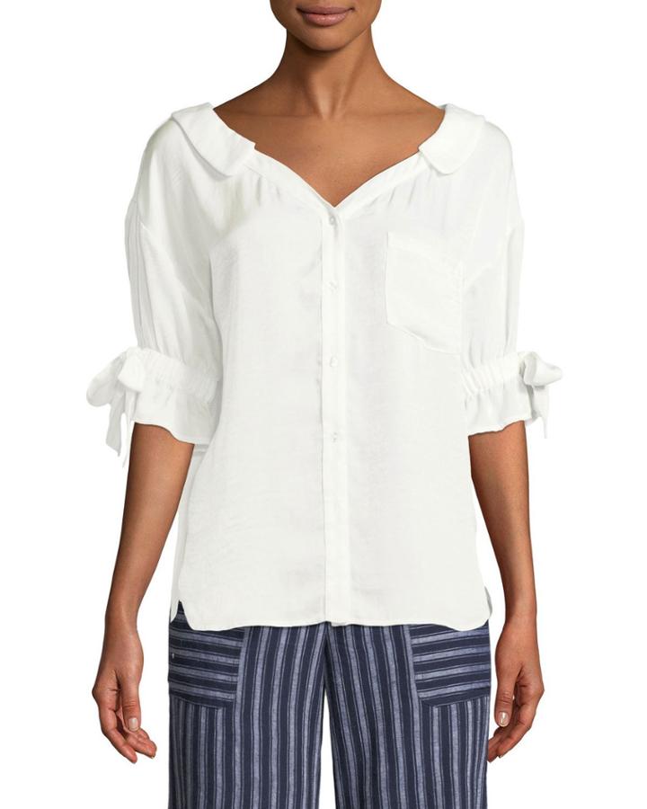 Button-front Ruffle-sleeve Top