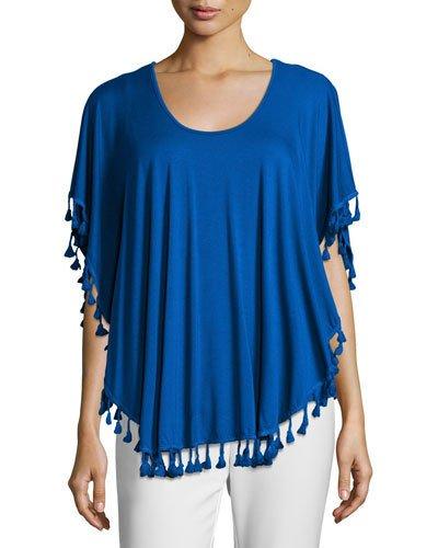 Tassel-trim Scoop-neck Popover Tank, Blue