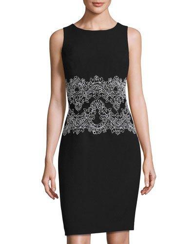 Sleeveless Lace-waist Sheath Dress, Noir/blanc