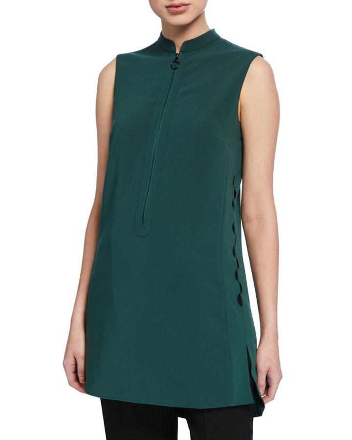 Zip-front Sleeveless Techno Jersey Tunic Blouse