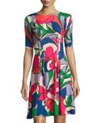 Half-sleeve Floral-print Dress,