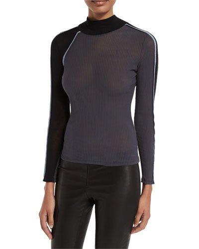 Ribbed Mock-neck Top W/piping