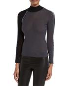 Ribbed Mock-neck Top W/piping