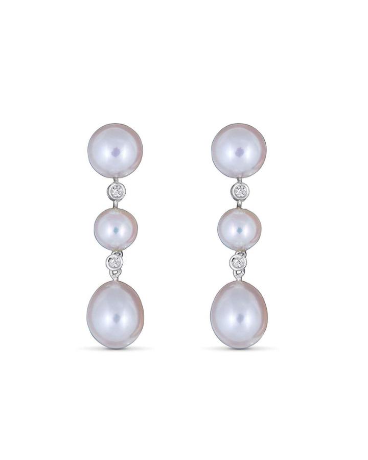 Dangling 14k White Gold 3-pearl 2-diamond Earrings