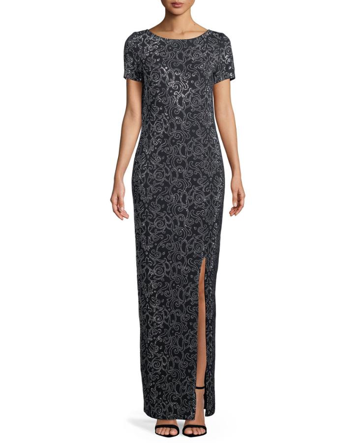 Short-sleeve Beaded Santana-knit Gown