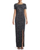 Short-sleeve Beaded Santana-knit Gown