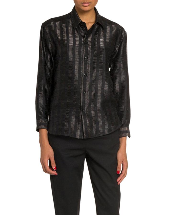 Metallic Stripe Long-sleeve Button-down Blouse