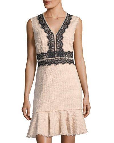 Tweed Lace-trim V-neck Dress