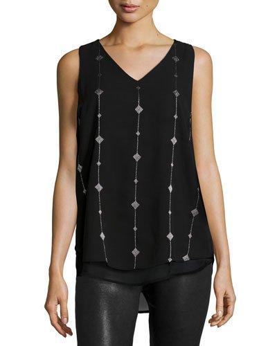 Embroidered Chiffon Tank, Black