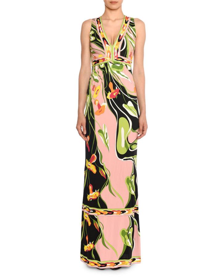 V-neck Sleeveless Border Water Lily Print A-line Dress