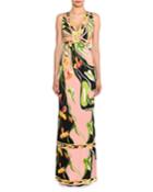 V-neck Sleeveless Border Water Lily Print A-line Dress