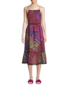 Scoop-neck Sleeveless Multicolor Palm-print Maxi Dress W/ Pompom Trim