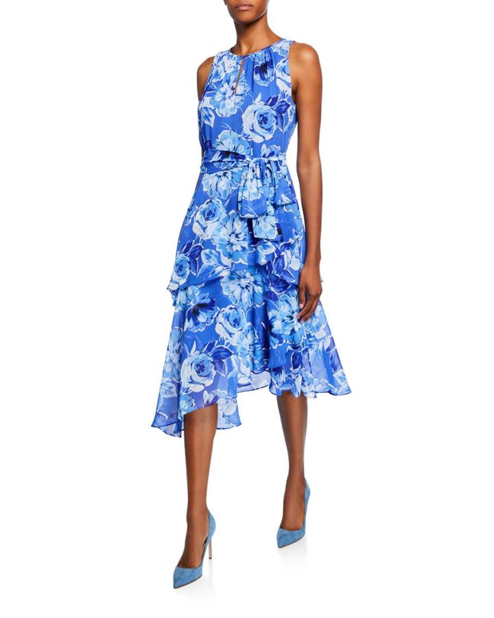 Floral Asymmetrical Tiered Sleeveless Dress