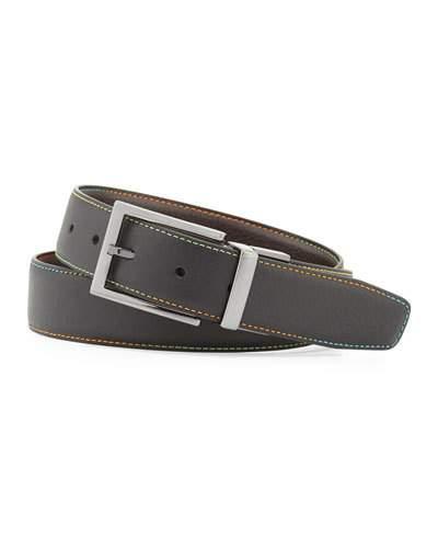 Summerland Topstitched Leather Belt, Black