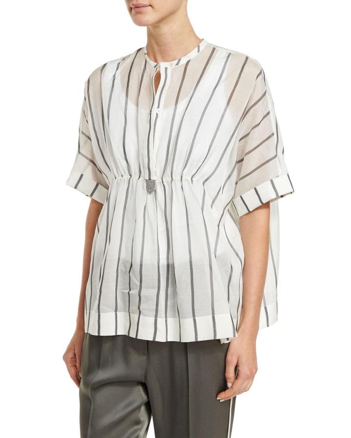 Striped Ruched-waist Short-sleeve Blouse,