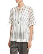 Striped Ruched-waist Short-sleeve Blouse,