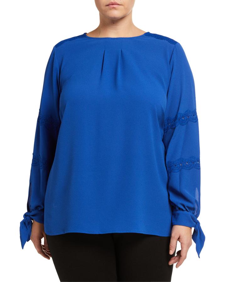 Plus Size Tie Sleeve Lace Trim Blouse