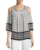 Printed Cold-shoulder Blouse, White Pattern