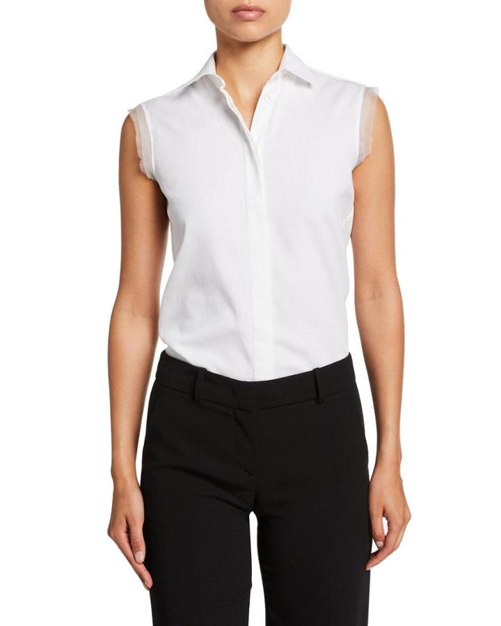 Collared Sleeveless Silk Top W/ Chiffon Trim