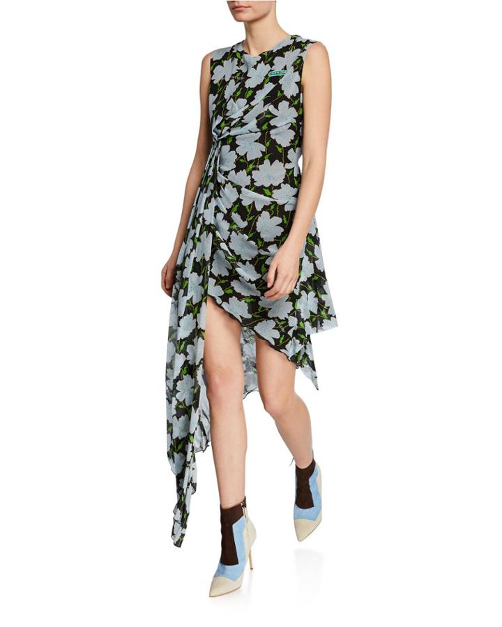 Sleeveless Floral Draped Asymmetric High-low Dress