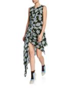Sleeveless Floral Draped Asymmetric High-low Dress