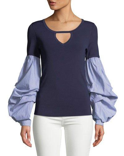 Ribbed-knit Balloon-sleeve Pinstriped Twofer