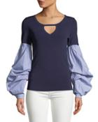 Ribbed-knit Balloon-sleeve Pinstriped Twofer