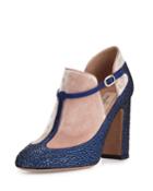 Valentino Crystal/velvet T-strap Block-heel Pump, Blue/poudre, Women's,