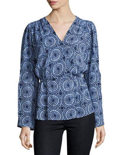 Slit-sleeve Faux-wrap Blouse, Blue Pattern