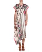 Short-sleeve Asymmetric Silk Midi Dress, Pink