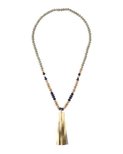 Long Paper & Bone Beaded Necklace W/ Leather Tassel, Gold