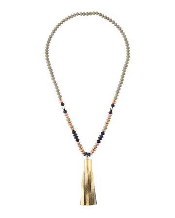 Long Paper & Bone Beaded Necklace W/ Leather Tassel, Gold