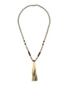 Long Paper & Bone Beaded Necklace W/ Leather Tassel, Gold