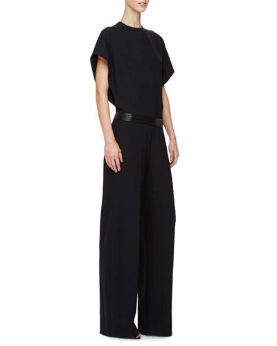 Short-sleeve Belted Jumpsuit, Black