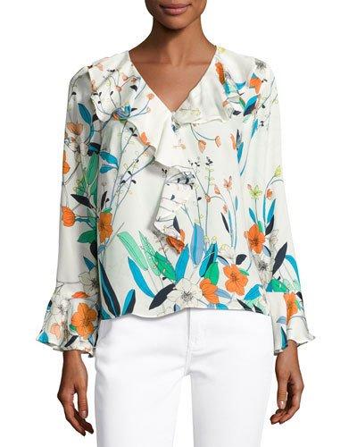 Long-sleeve Ruffled Satin Blouse, White Pattern